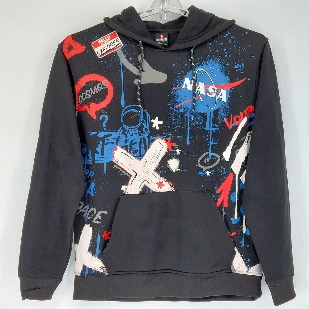Southpole Hoodie Mens Sz L Black Space Graphic NASA Cosmos Sweatshirt Hip Hop